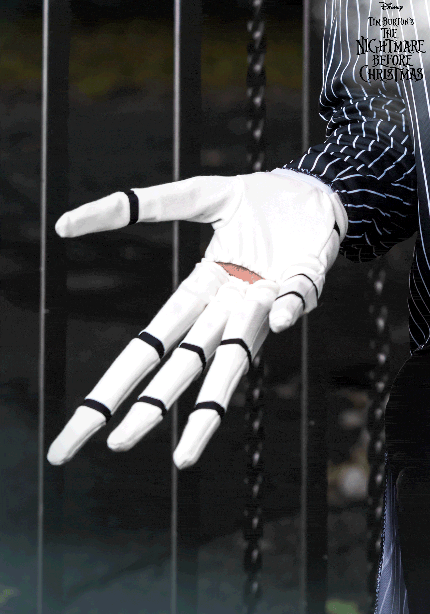 Skellington Gloves featured in a hand pose, inspired by Jack Skellington from The Nightmare Before Christmas.