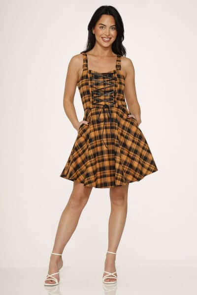 Plaid Dress – Orange Punk Grunge Gothic Mini Dress worn by a model, showcasing a stylish plaid design.