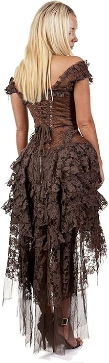 Medieval Gothic Dress – Burleska Ophelie Brown Lace Corset Gown showcasing detailed lace and ruffled design from the back.