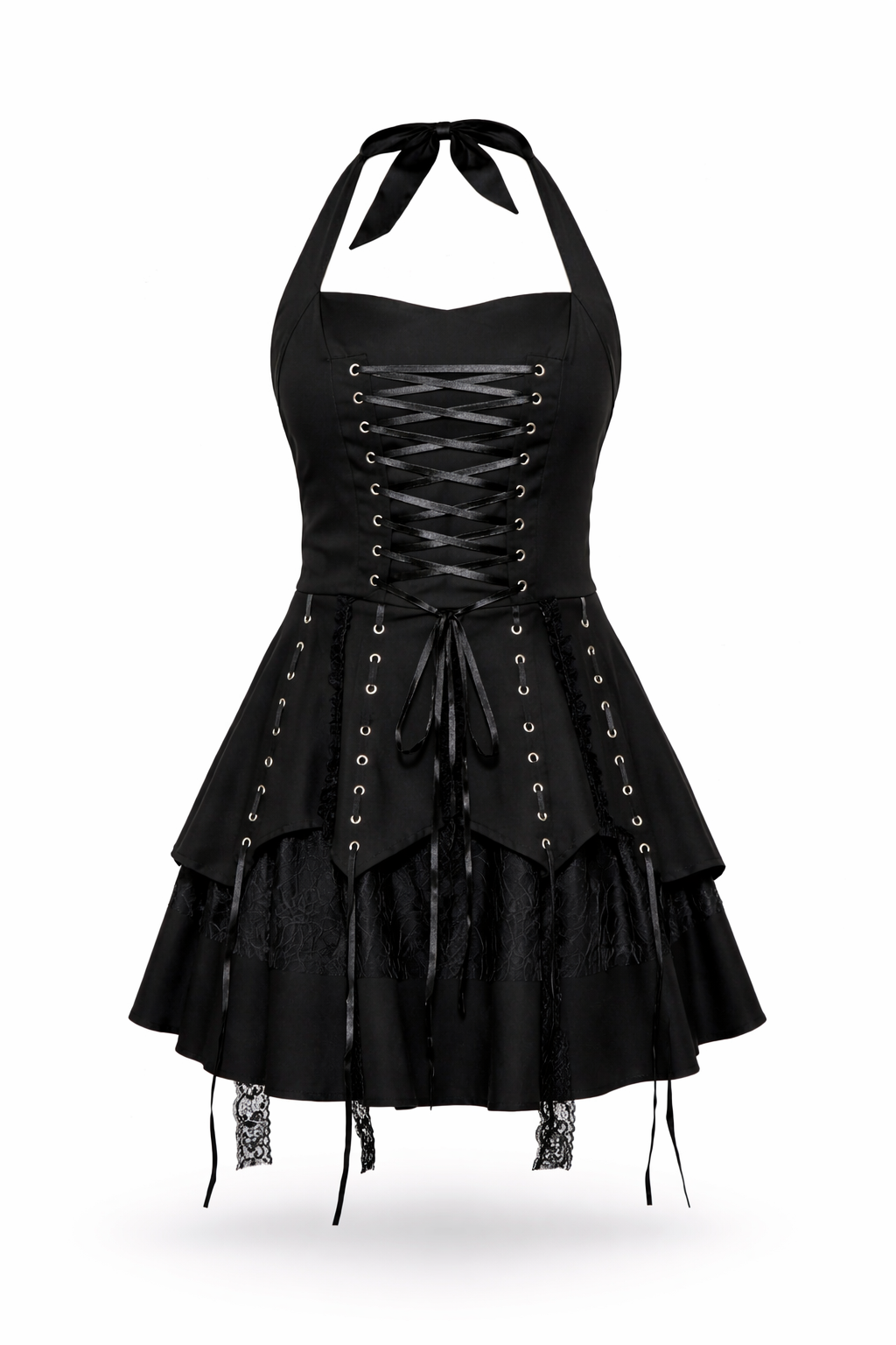 Black pirate witch dress with lace and eyelet details.