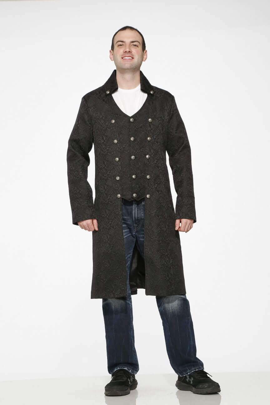 Victorian Great Coat – Gothic Steampunk Long Overcoat (Black) modeled by a man, showcasing its elegant and dramatic design.