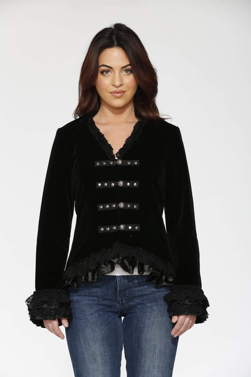 Velvet Jacket – Black Tailed Gothic Punk Alternative Coat worn by a model showcasing its elegant design and detailed features.