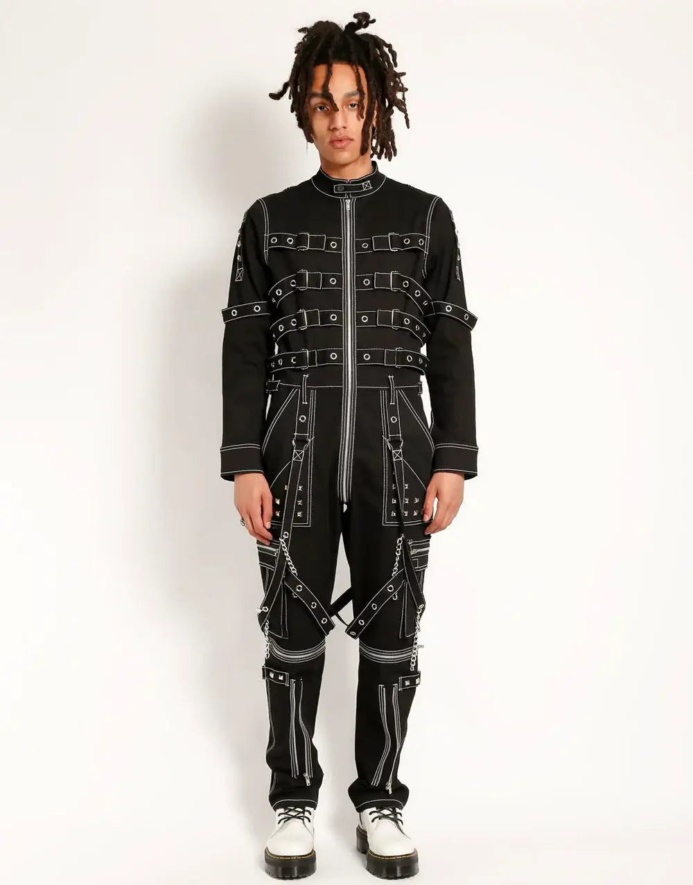 TrippNYC Control Jumpsuit – Unisex Gothic Punk Streetwear worn by model, showcasing edgy design and style.