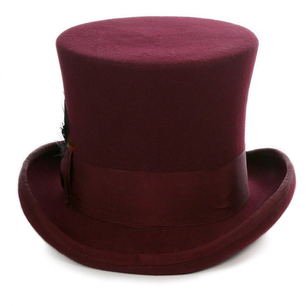  wool top hat in burgundy with grosgrain ribbon and feather accent.
