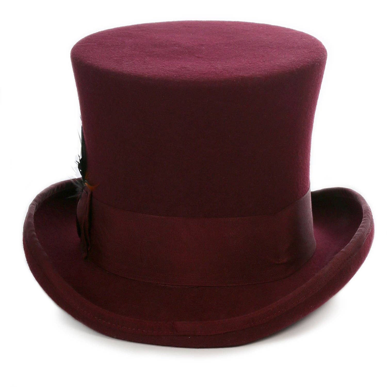  wool top hat in burgundy with grosgrain ribbon and feather accent.
