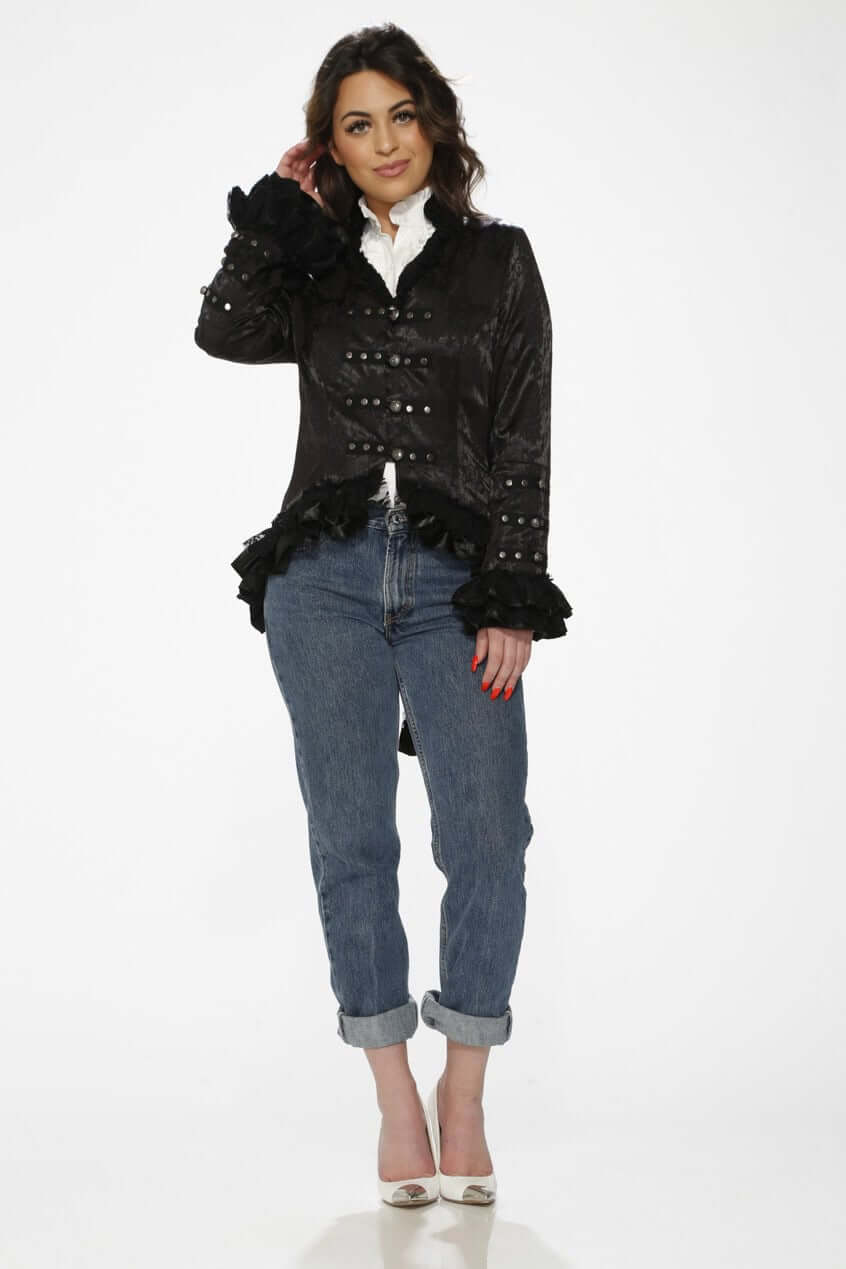 Brocade Tailcoat – Tripp NYC Black Gothic Steampunk Jacket model wearing stylish outfit with jeans