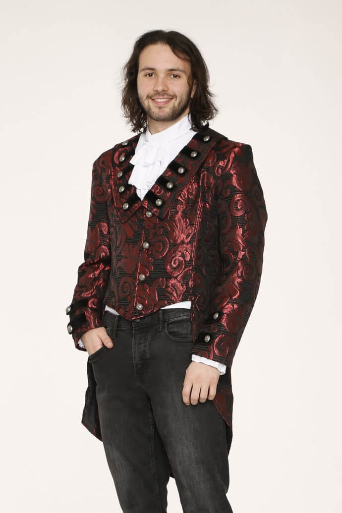 Brocade Tailcoat – Red Gothic Punk Alternative Outerwear, styled for cosplay and alternative fashion events.