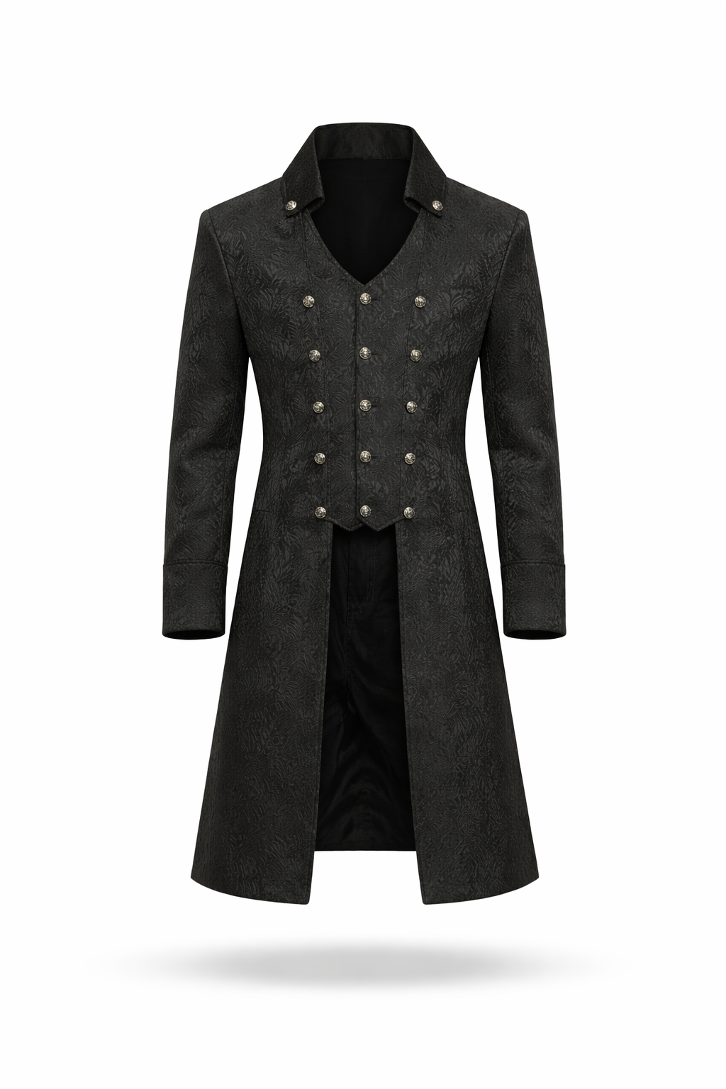 Black Victorian great coat with brocade texture.