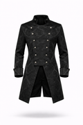 Black brocade tailcoat with long back tails.