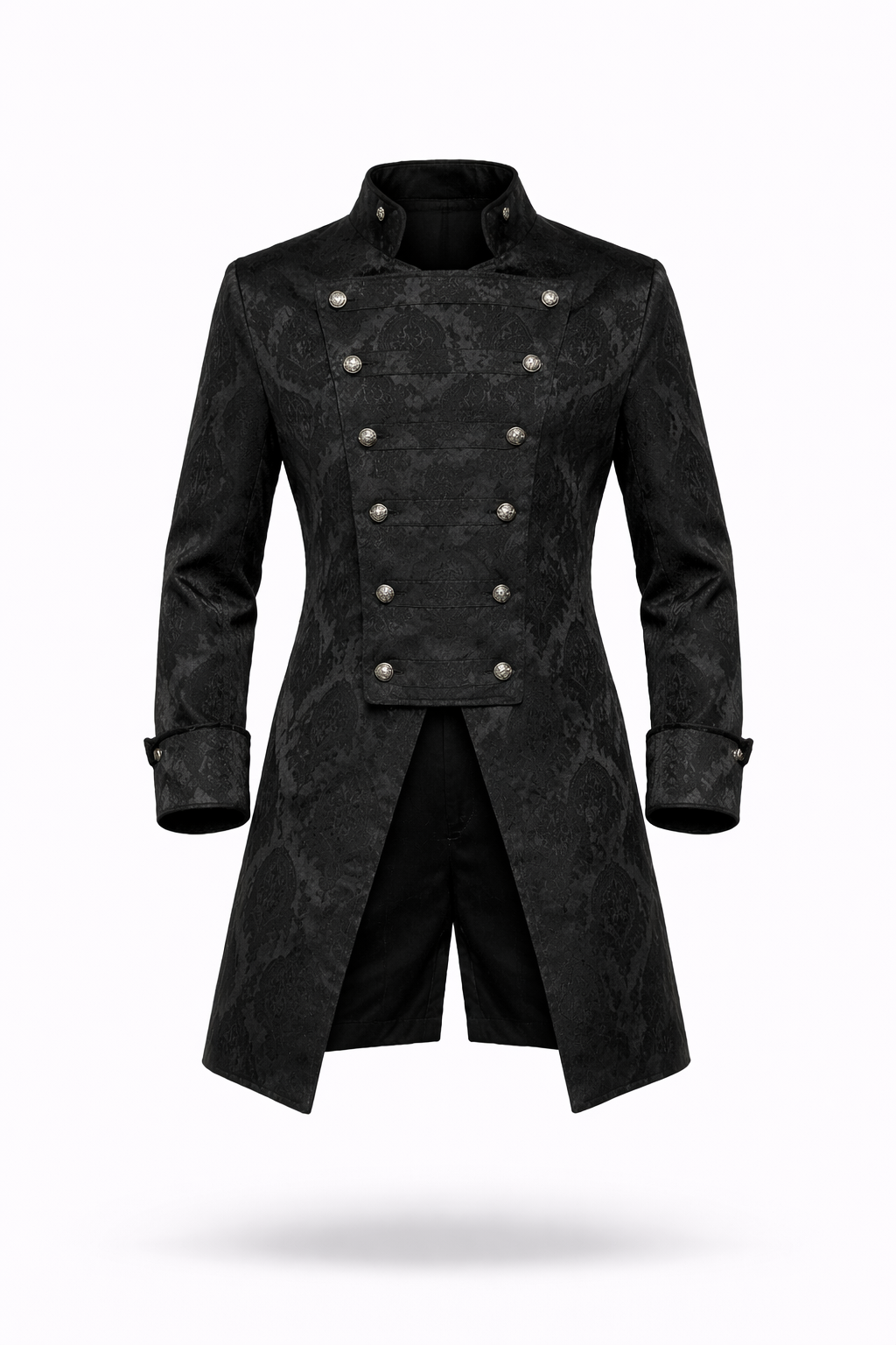 Black brocade tailcoat with long back tails.