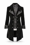 Black velvet Victorian-inspired coat with brocade inset vest.