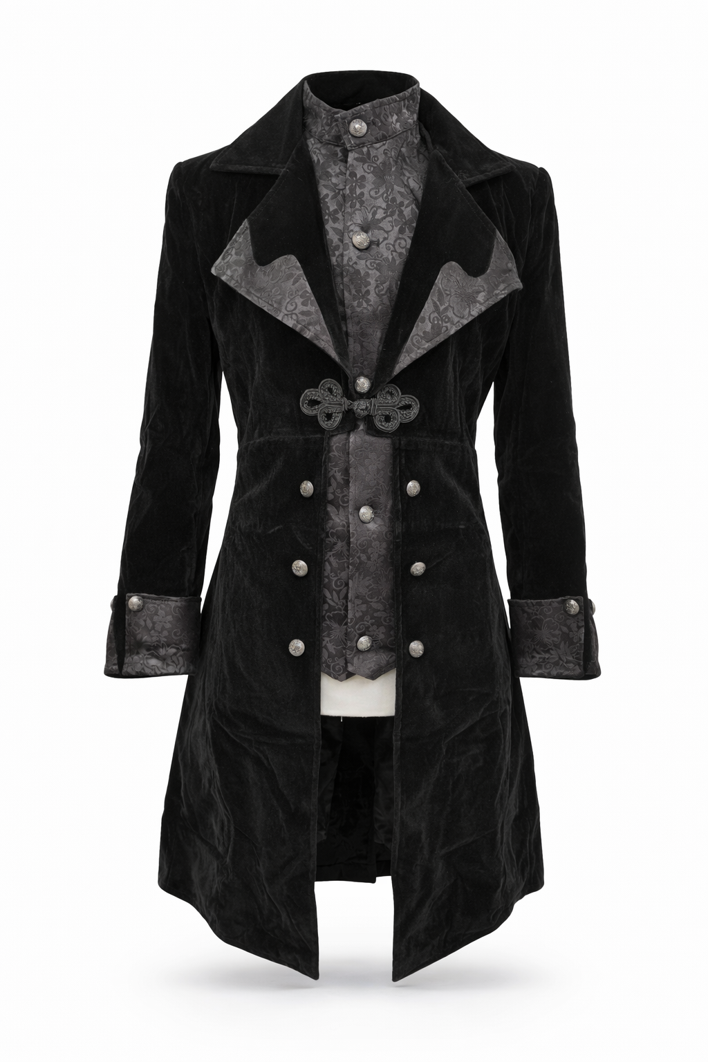 Black velvet Victorian-inspired coat with brocade inset vest.