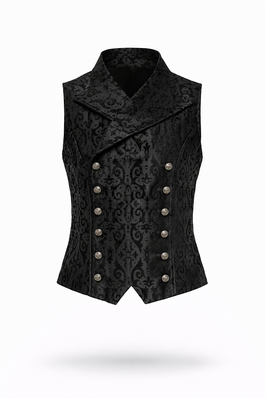 Brocade Vest – Black Gothic Punk Alternative Outerwear featuring a double-breasted design and embossed silver-tone buttons.