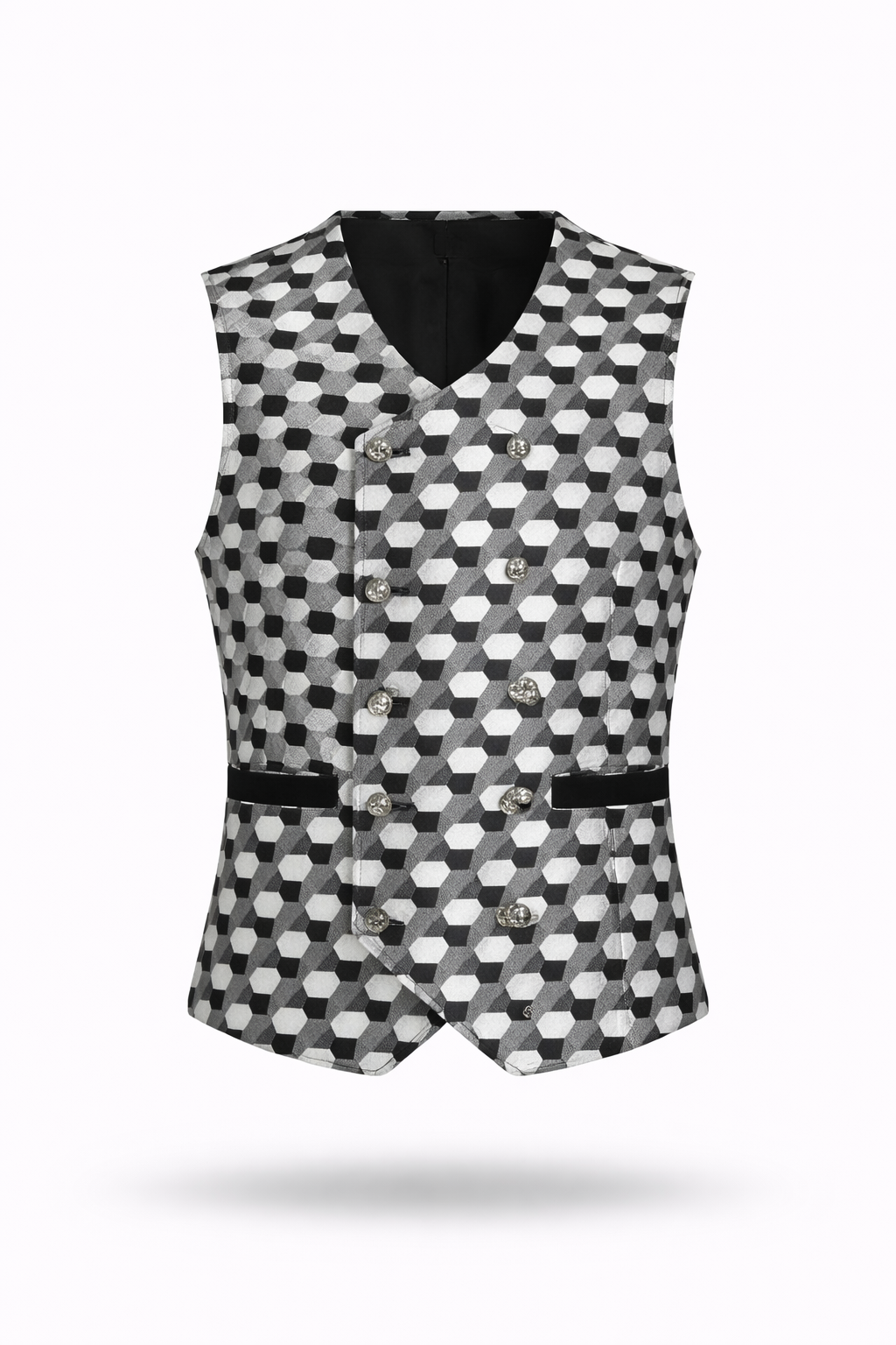 Black-and-white geometric brocade vest.