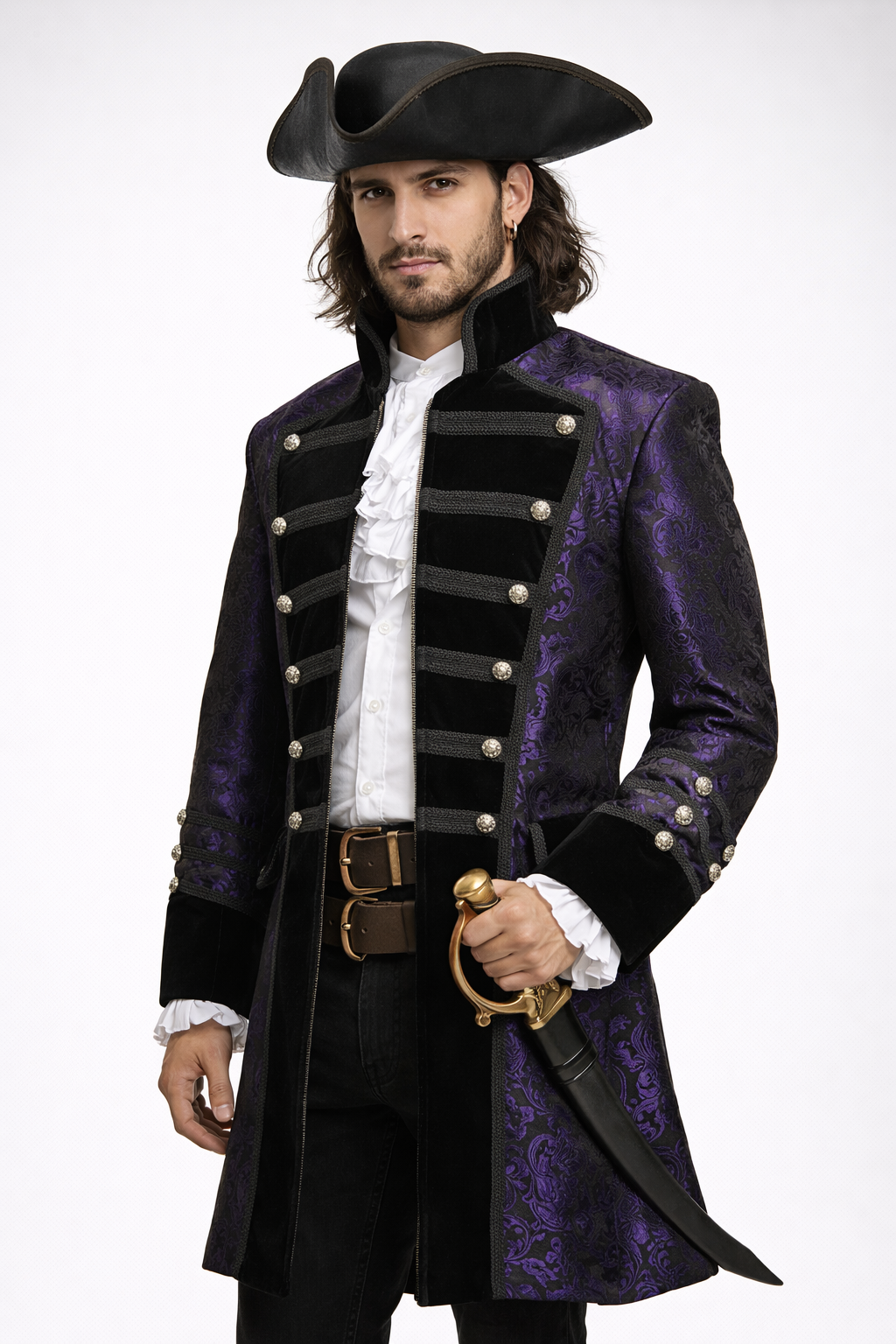 Pirate Coat – Roguish Royalty Purple Brocade & Black Velvet worn by a model with a sword.