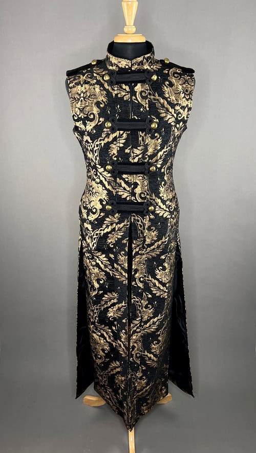 Brocade Vest – Gold Long Gothic Punk Statement Vest showcasing rich gold brocade fabric and intricate details.