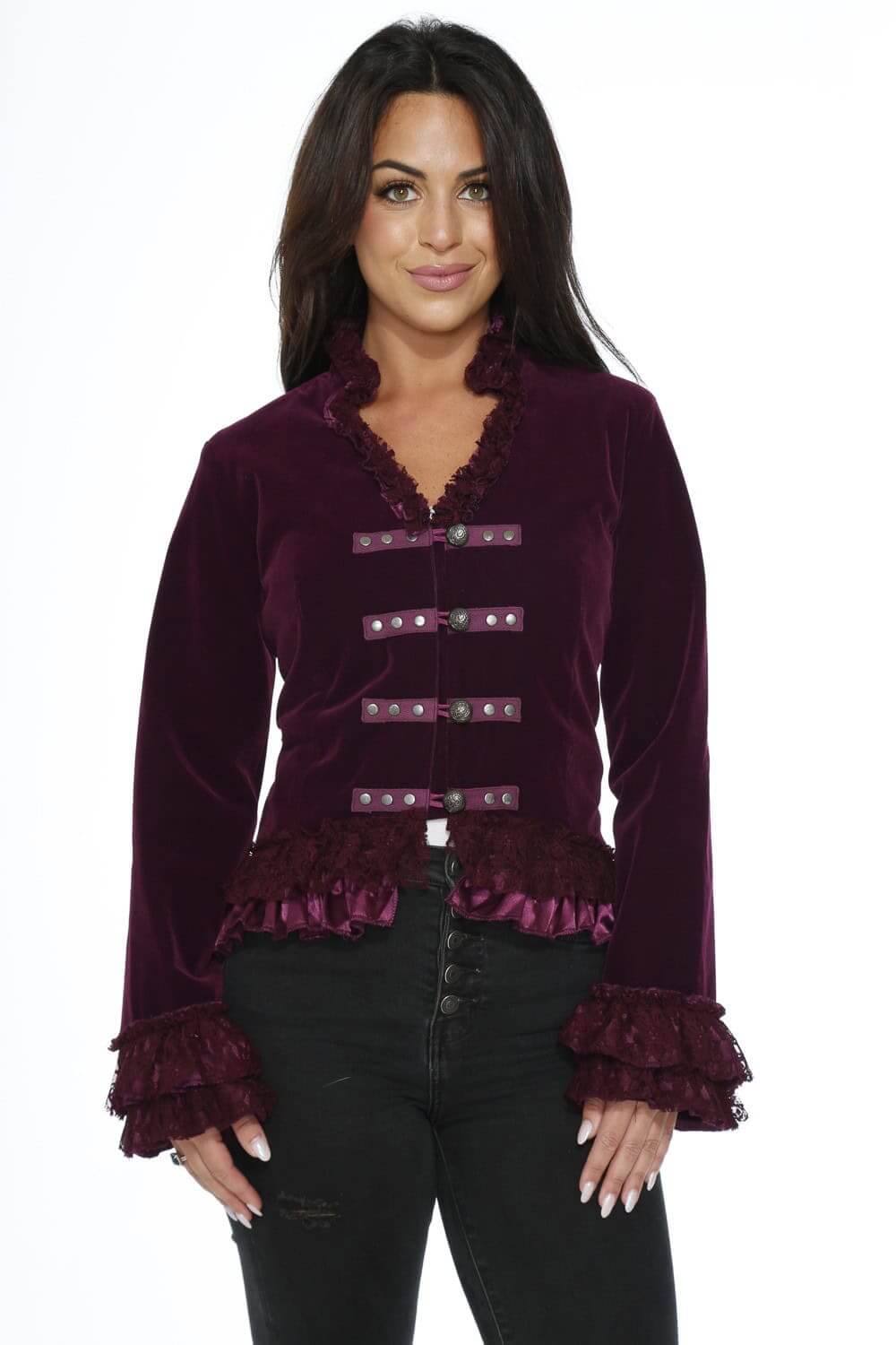 Velvet Jacket – Purple Tailed Gothic Punk Alternative Coat featuring a stylish ruffled design and button details.