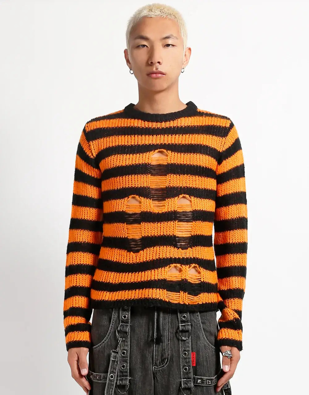 Striped Sweater – Tripp NYC Unisex Punk Gothic Knit Sweater in bold orange and black stripes with distressed details.