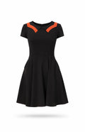 Black swing dress with short sleeves and orange scalloped collar.
