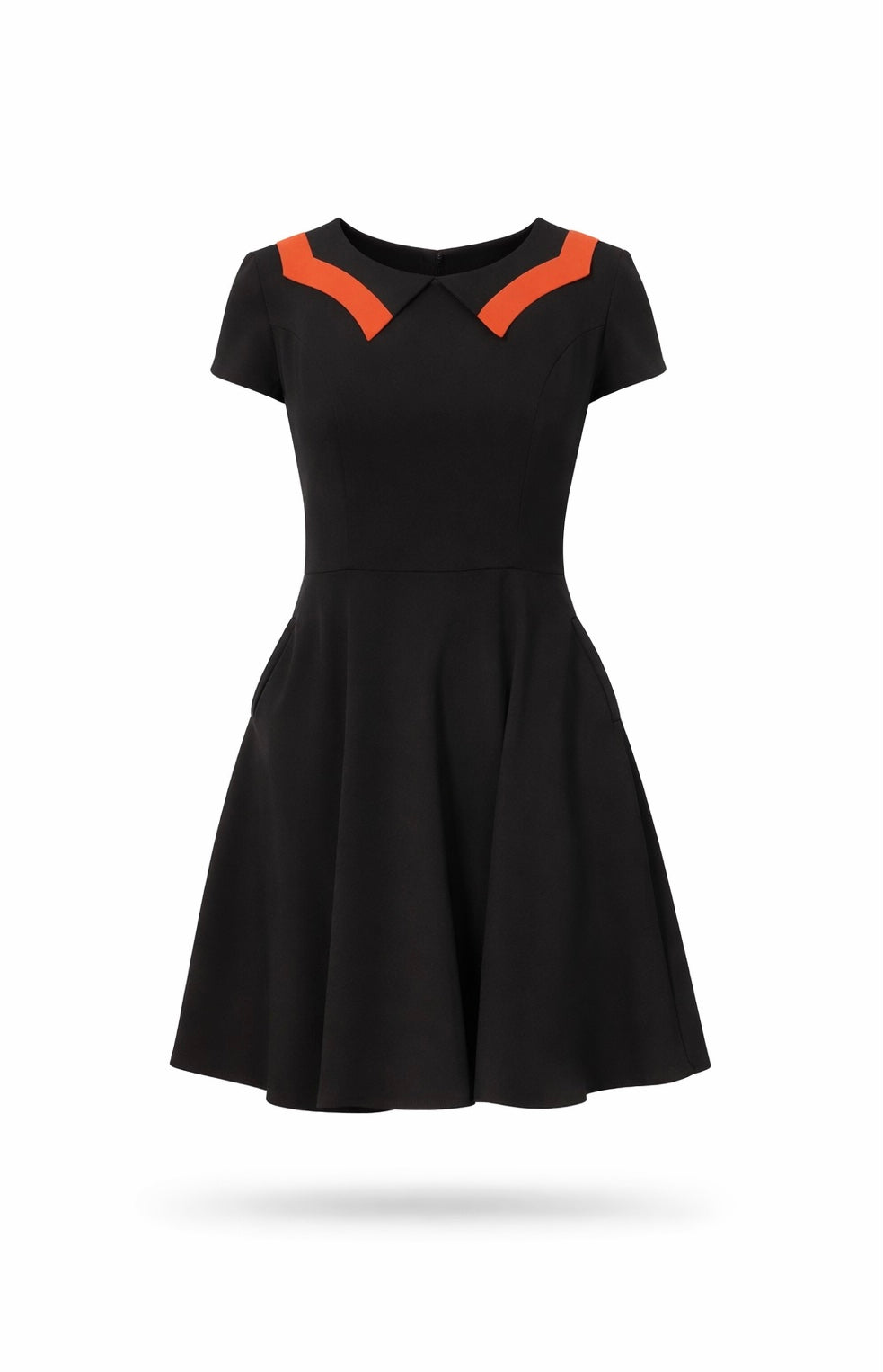 Black swing dress with short sleeves and orange scalloped collar.
