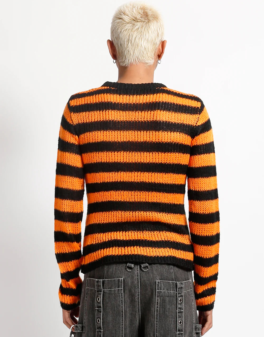 Tripp NYC Striped Sweater –  Unisex Punk Gothic Knit Sweater displaying bold black and orange stripes from the back.
