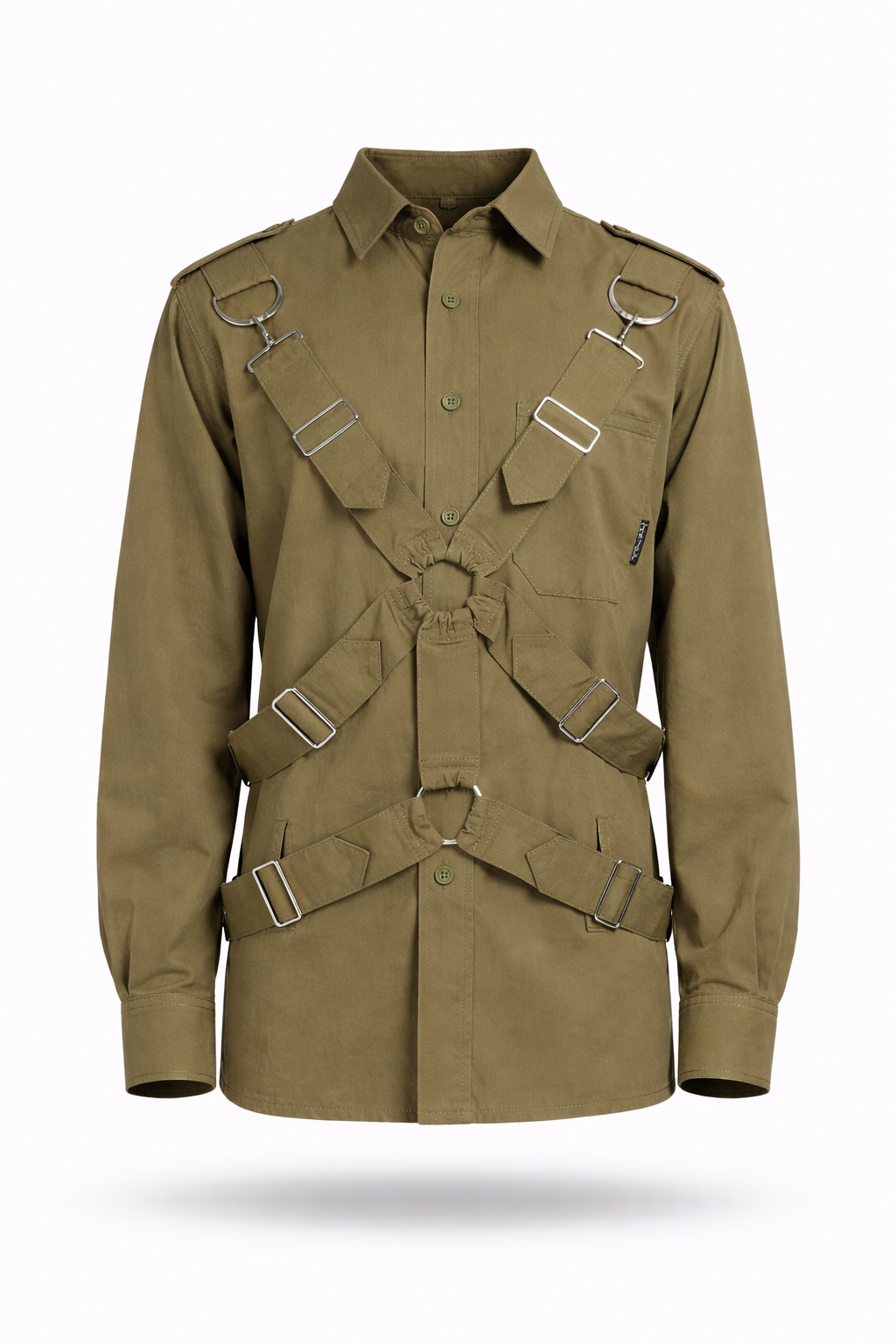 Army-green parachute shirt jacket with straps.