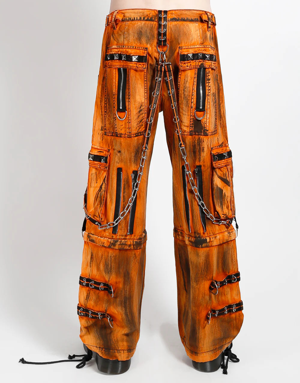 TRIPP NYC MIGHTY METAL PANT ORANGE INK WASH GOTHIC STREETWEAR showcasing bold ink wash finish and utility details.
