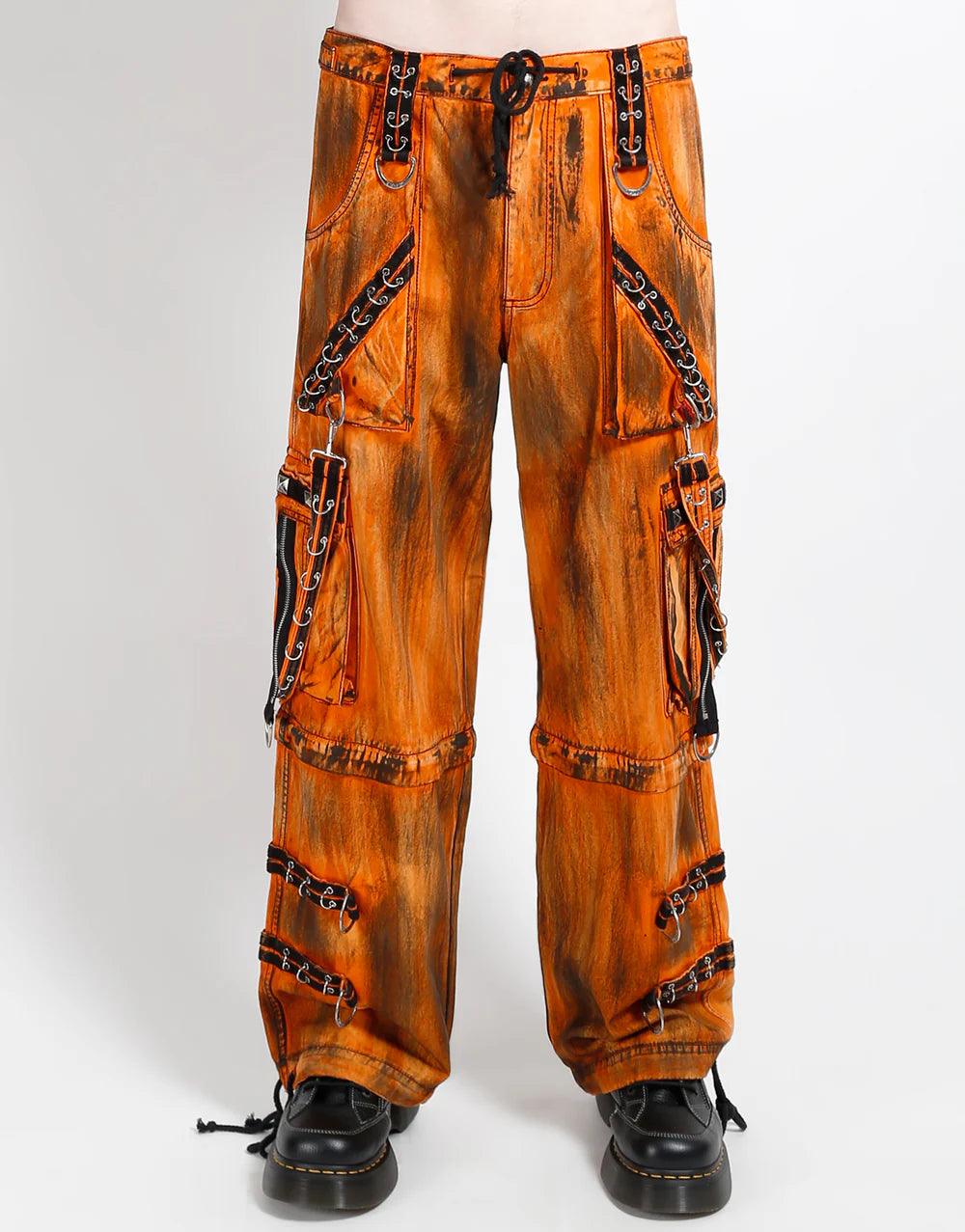 TRIPP NYC MIGHTY METAL PANT ORANGE INK WASH GOTHIC STREETWEAR showcasing a bold ink wash design with utility details.