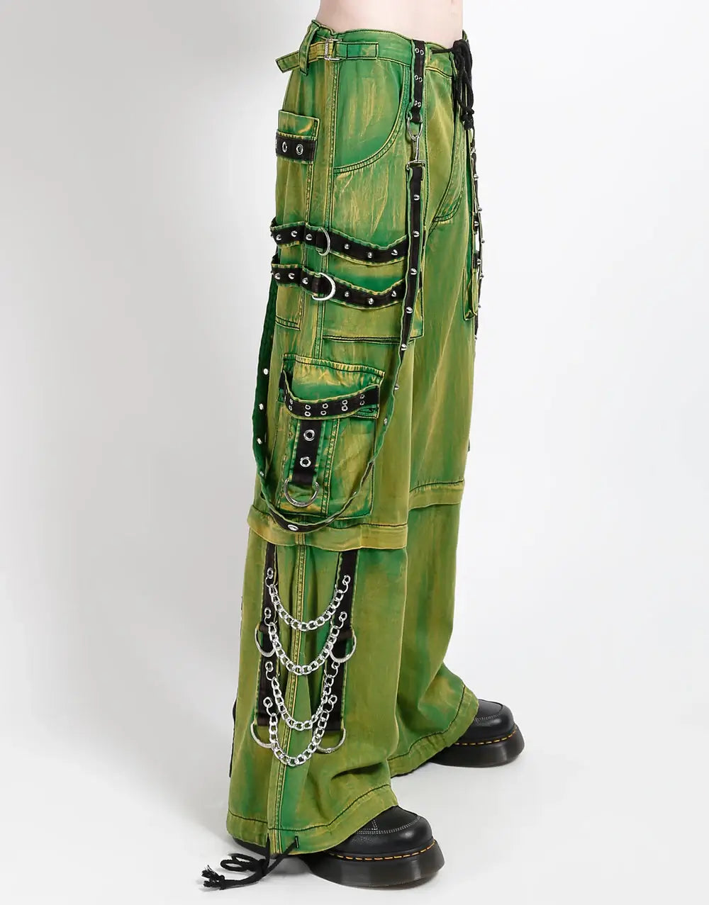 TRIPP NYC JAM PANT GREEN SLIME WASH GOTHIC STREETWEAR side view showcasing utility details and bold design.