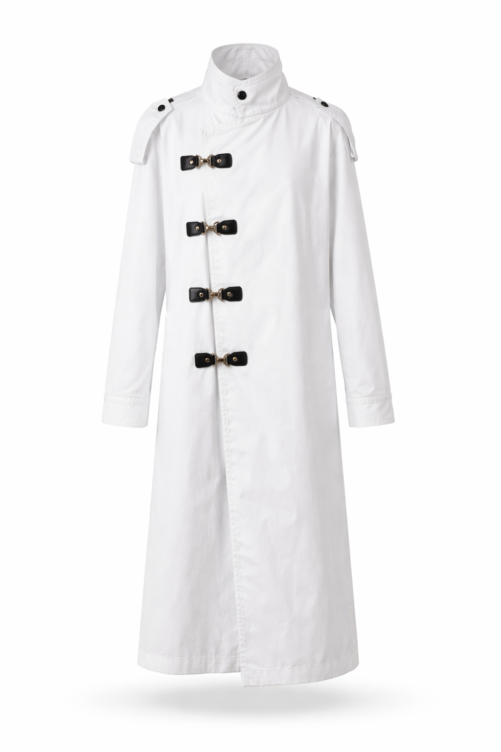 White mad-scientist surgeon coat with black and gold toggles.