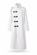 White mad-scientist surgeon coat with black and gold toggles.