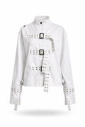 White institutional containment coat with straps and buckles.