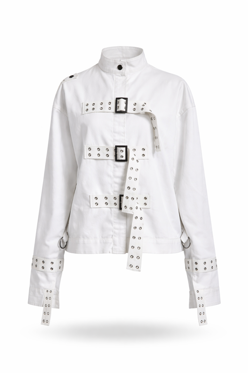 White institutional containment coat with straps and buckles.