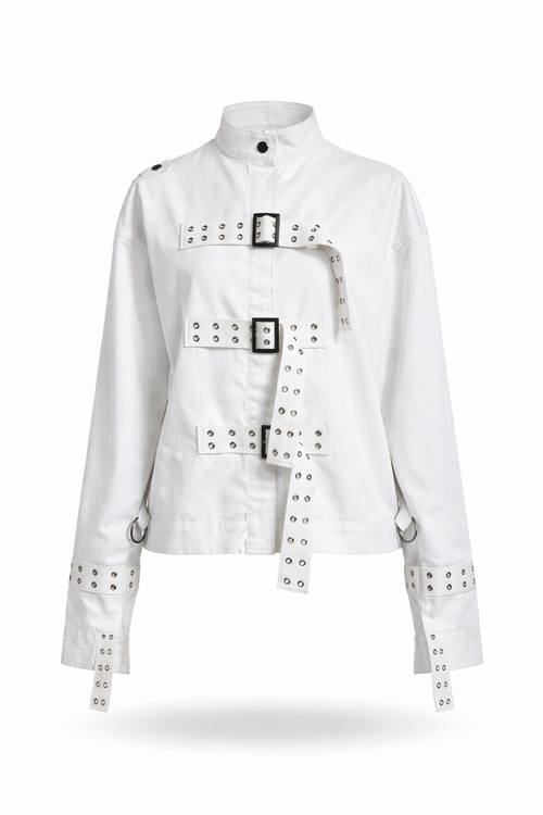White institutional containment coat with straps and buckles.