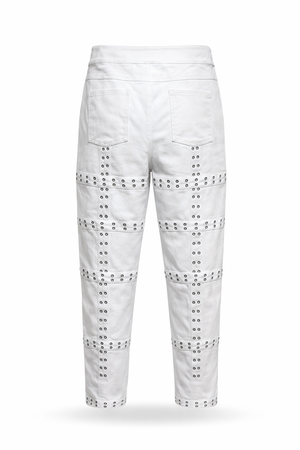 Asylum Jeans back view showcasing white denim with grommeted strap panels, stylish and sturdy design.