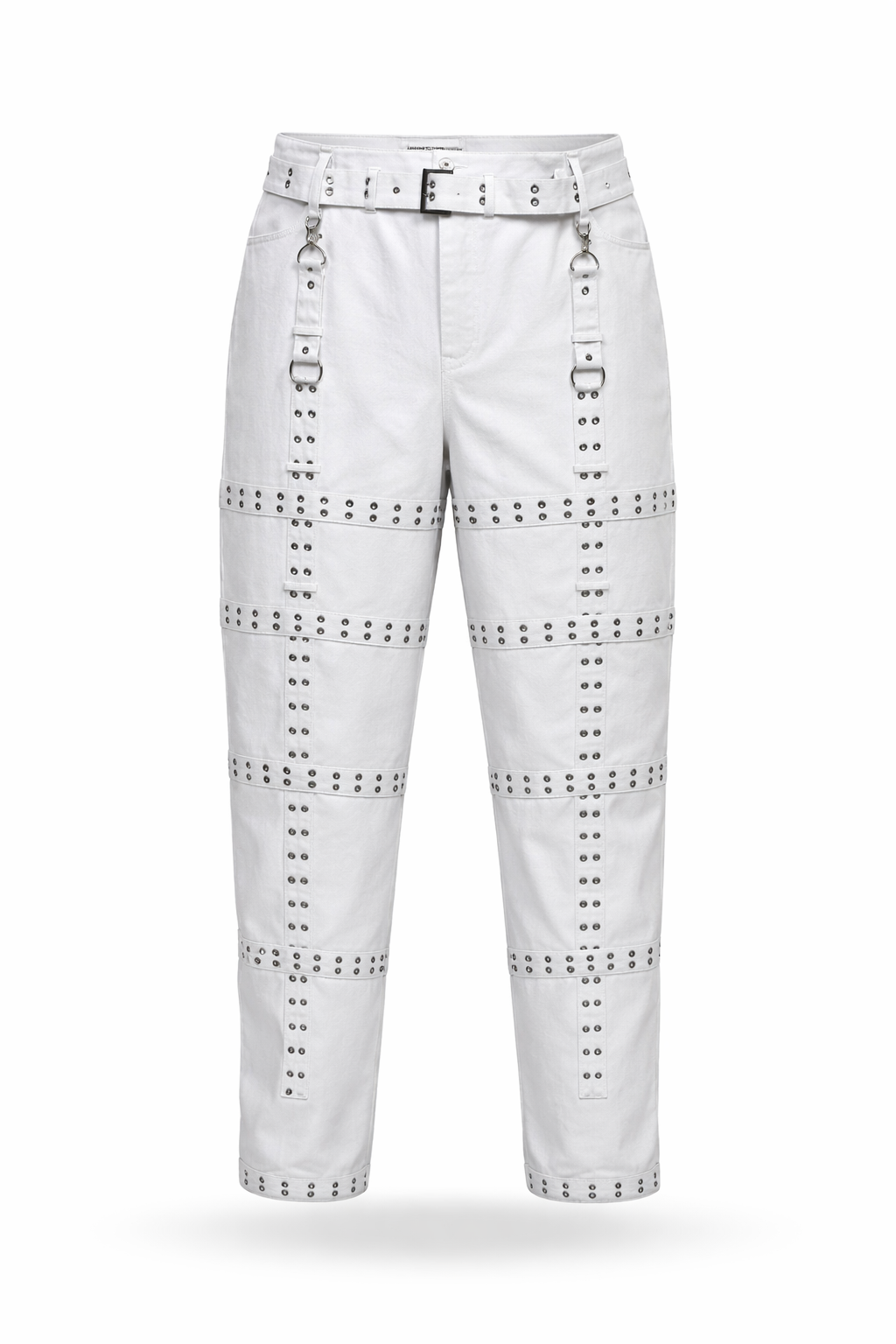 White Asylum jeans with grommeted strap panels.