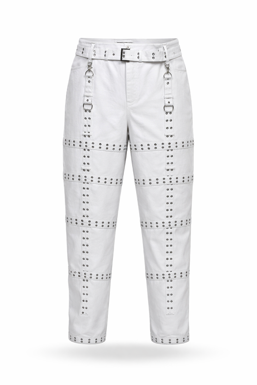 White Asylum jeans with grommeted strap panels.