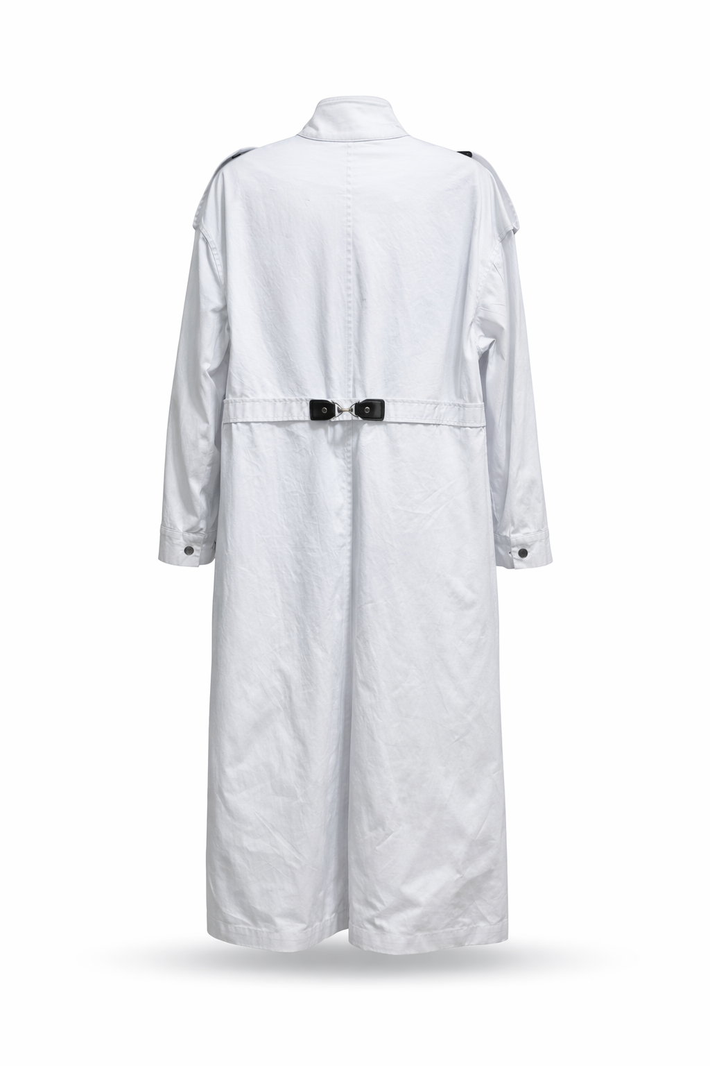 Mad scientist surgeon coat back view featuring a long white design with black and gold toggle hardware.