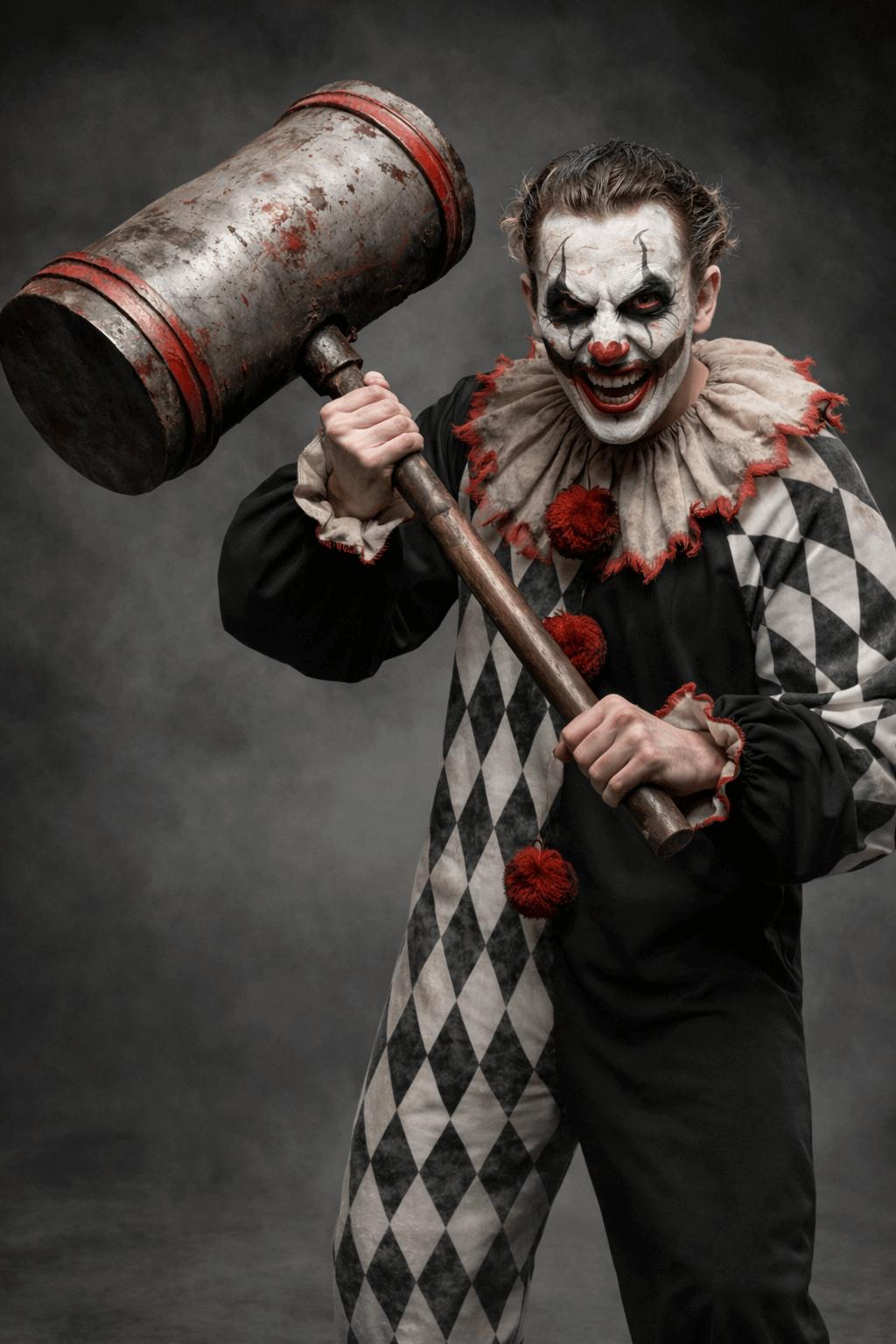 CARNYVL “Dirty Diamonds” Half & Half Clown Jumpsuit worn by a clown with a hammer, showcasing a bold black and diamond pattern.