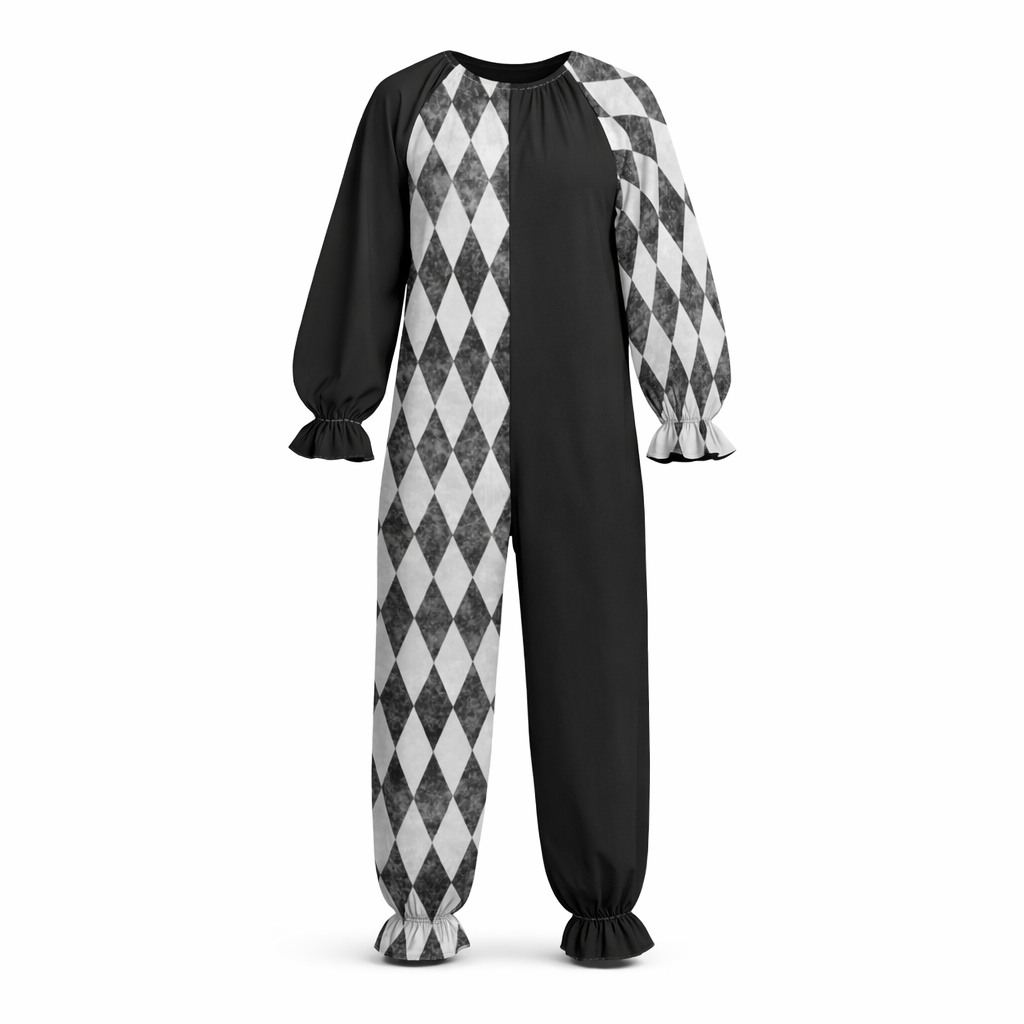 CARNYVL “Dirty Diamonds” Half & Half Clown Jumpsuit with black and white diamond pattern.