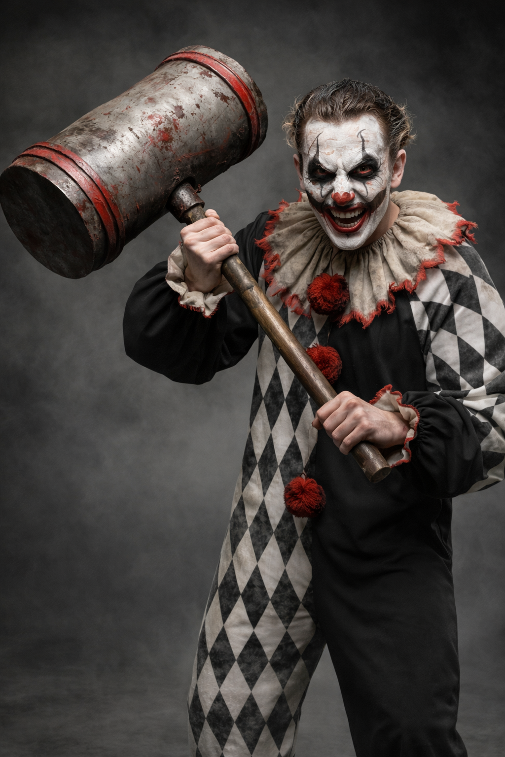 CARNYVL “Dirty Diamonds” Half & Half Clown Jumpsuit worn by a clown with a hammer, showcasing a bold black and diamond pattern.