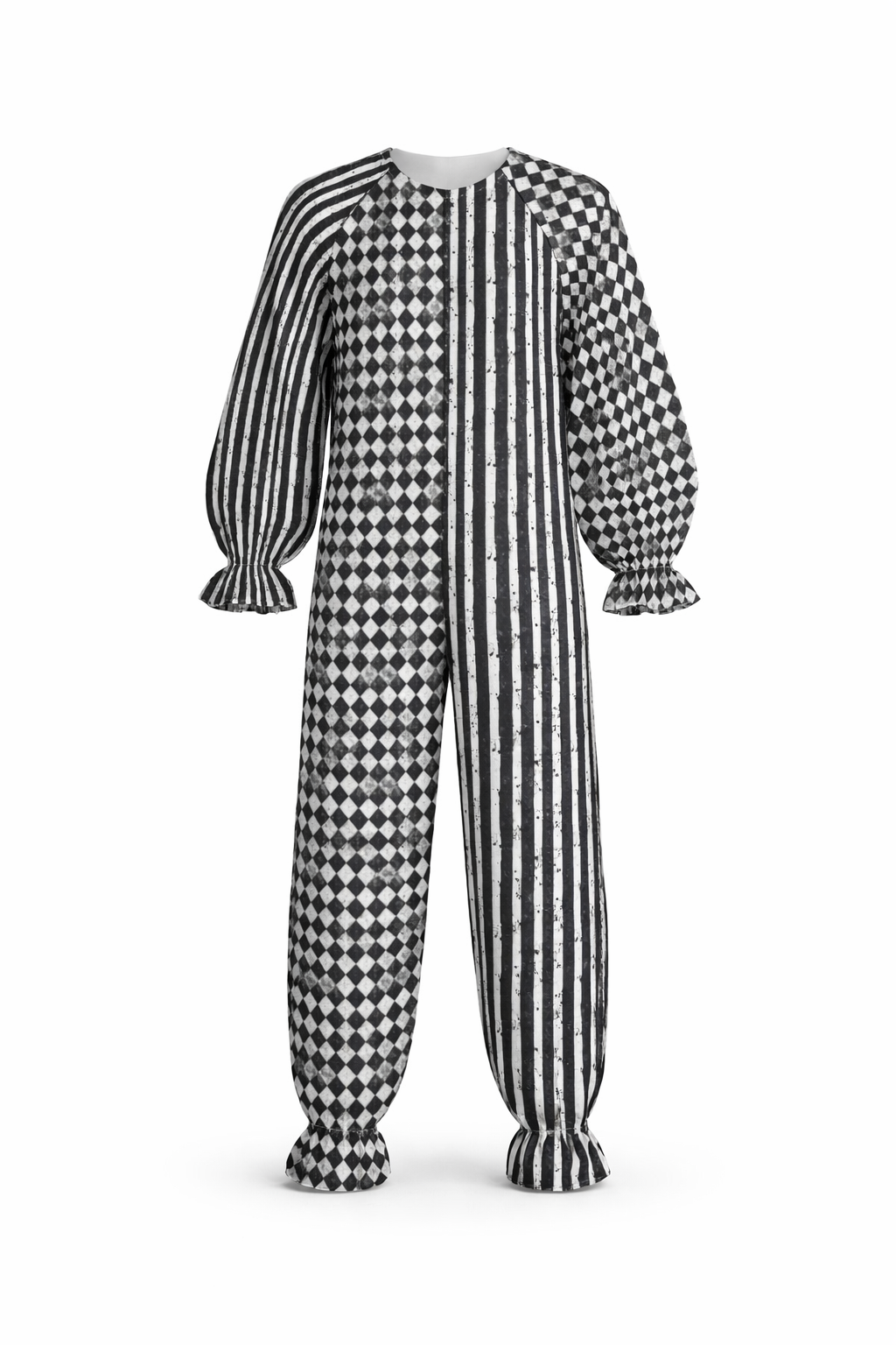 CARNYVL “Dirty Diamonds” Clown Jumpsuit featuring a bold split pattern of stripes and diamonds.