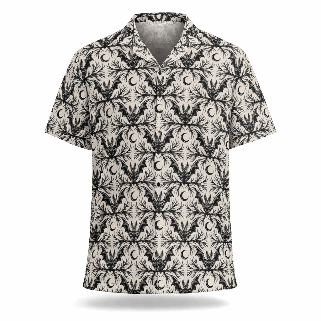 Bat and crescent moon button-up shirt.