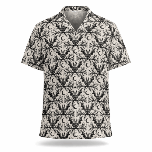 Bat and crescent moon button-up shirt.