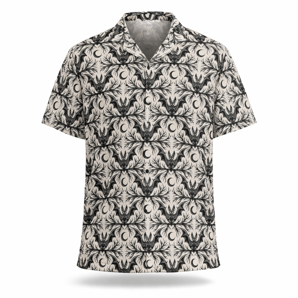 Bat & Crescent gothic button-up shirt featuring an intricate bat and crescent moon pattern in slate and ivory.