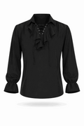 Black pirate poet shirt with lace-up front and ruffle trim.
