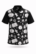Black-and-white occult-print button-up shirt.
