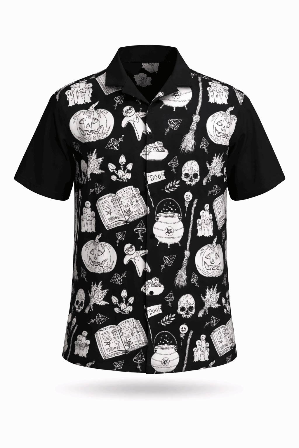 Black-and-white occult-print button-up shirt.