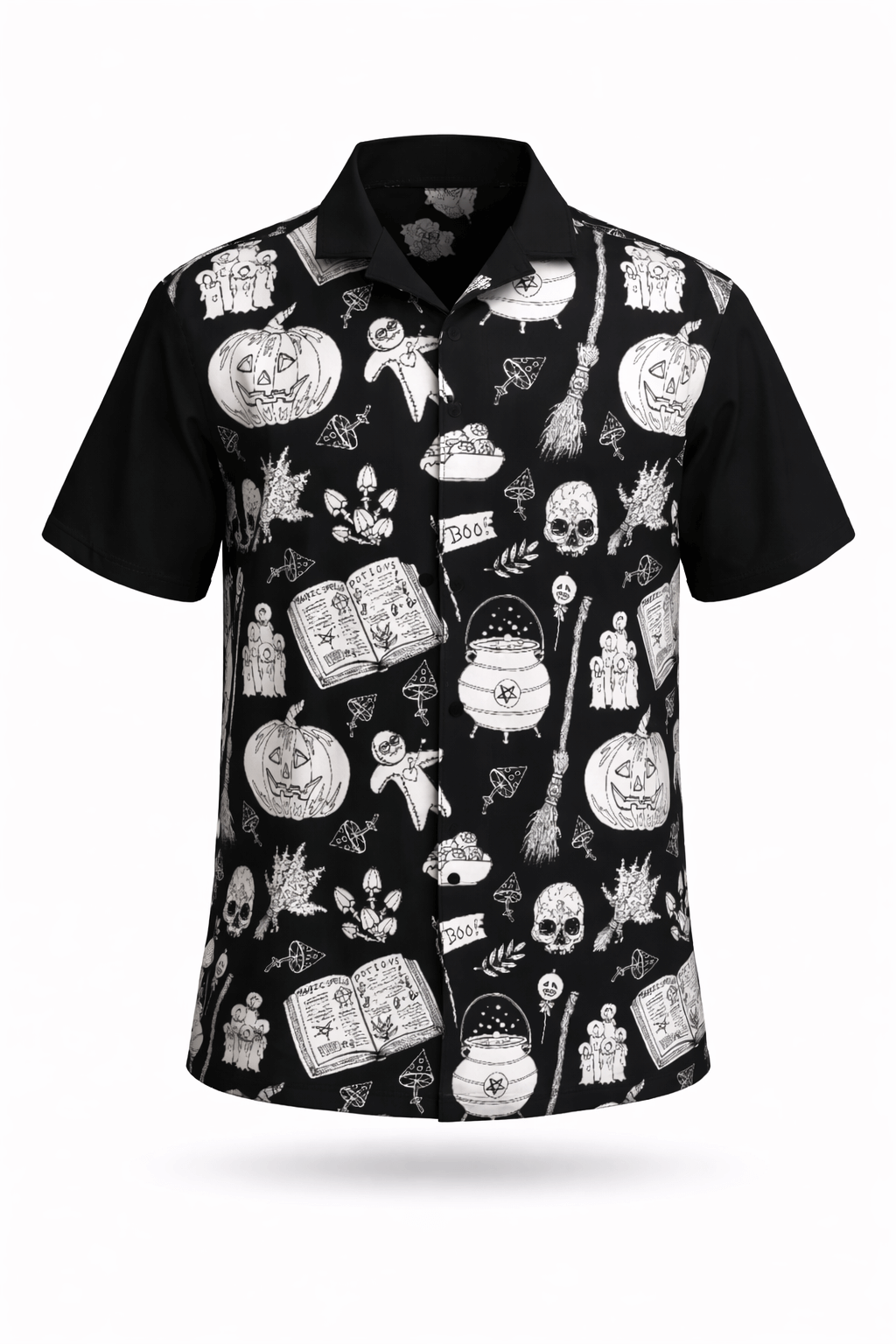 Black & White Magic Hawaiian inspired button-up shirt with eerie graphic print for Halloween lovers.
