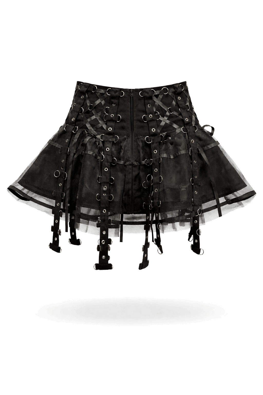 Black lace-up skirt with sheer overlay on a white background